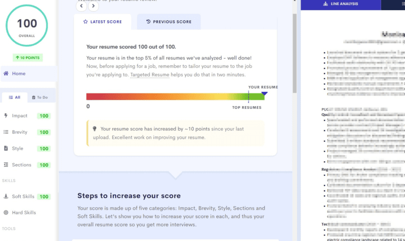 Perfect 100 score for client on Resume Worded blurred